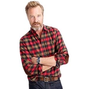 NWOT J.Crew Men's Cotton-wool elbow-patch shirt in warm red tattersall Small